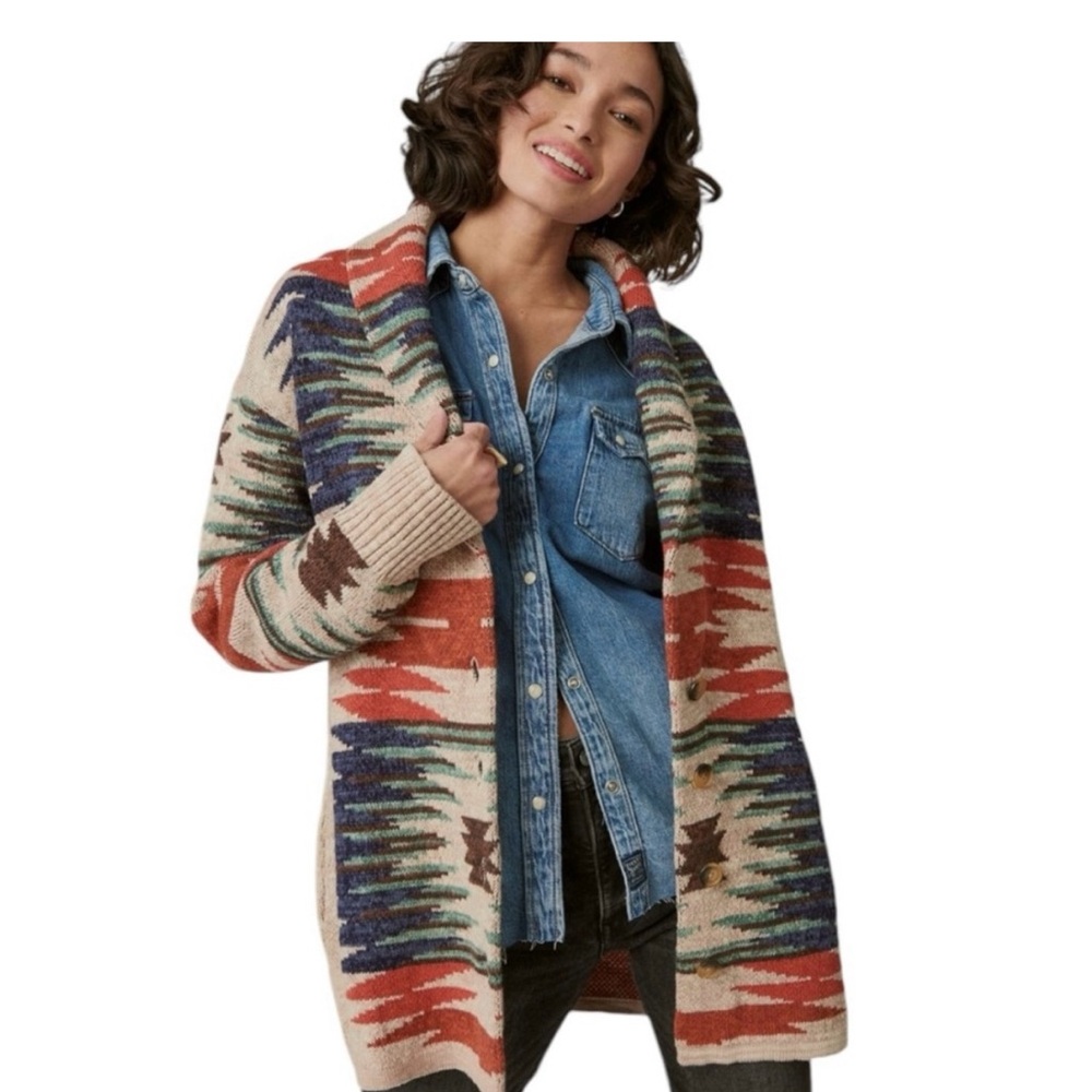 LUCKY BRAND COTTON SLUB SOUTHWESTERN LONG SLEEVE BUTTON FRONT CARDIGAN